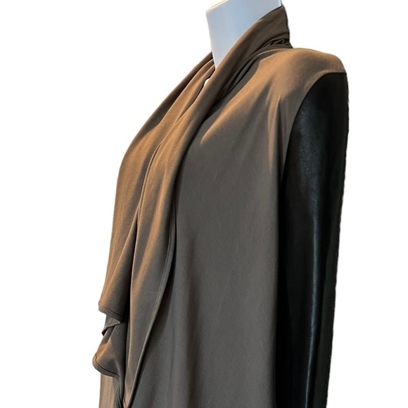 Open Front Draped Jacket with Leather Sleeve Detail - Picture 4 of 6